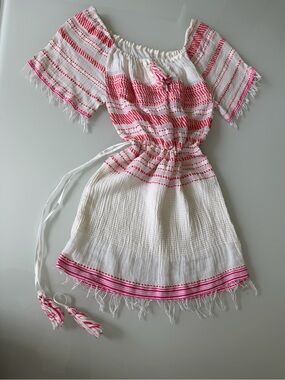 Lemlem White Gauzy Dress/Cover-up with Red Stitching